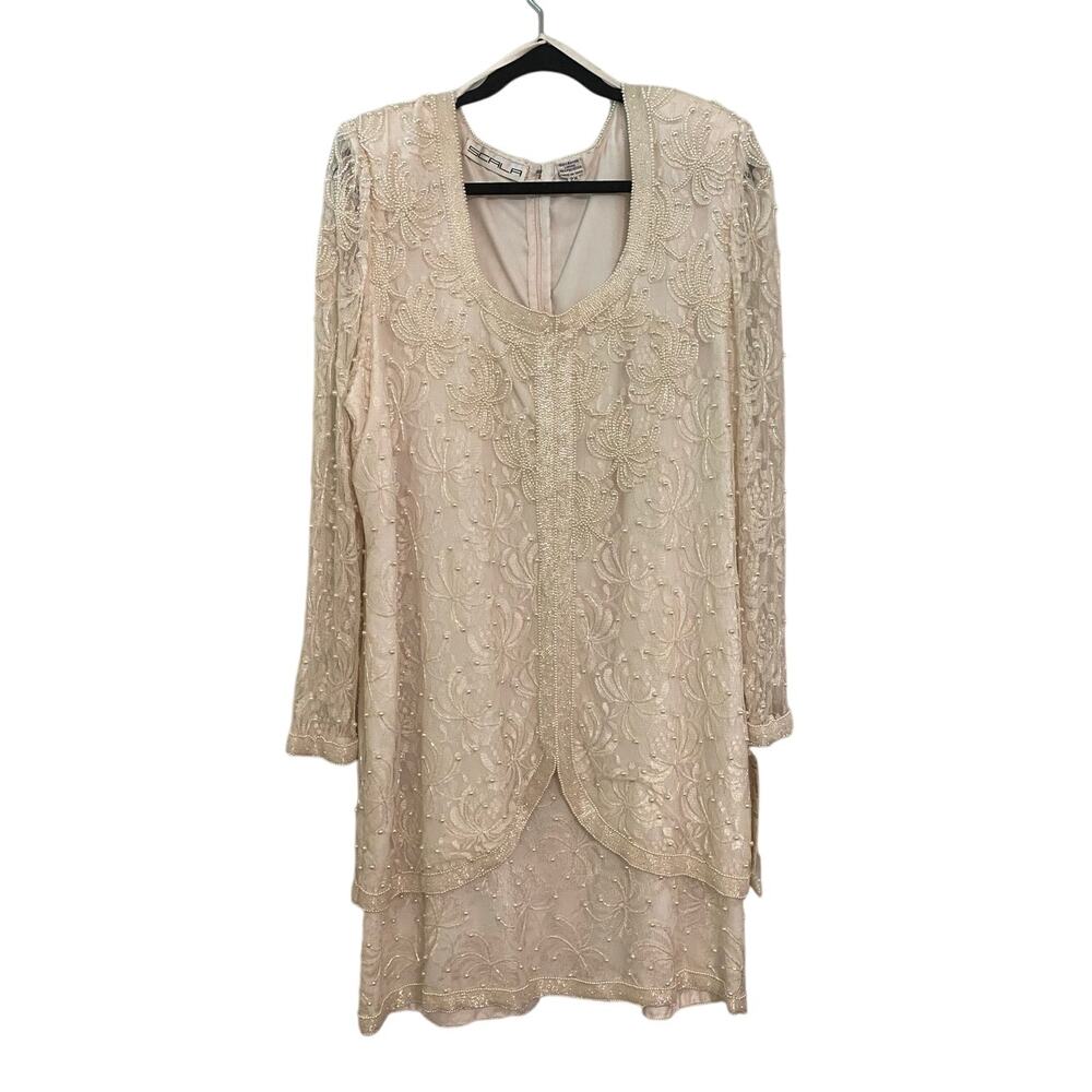 NWT Scala Holiday Party Dress Champagne Ivory Lace‎ Pearl Beaded Midi 2X